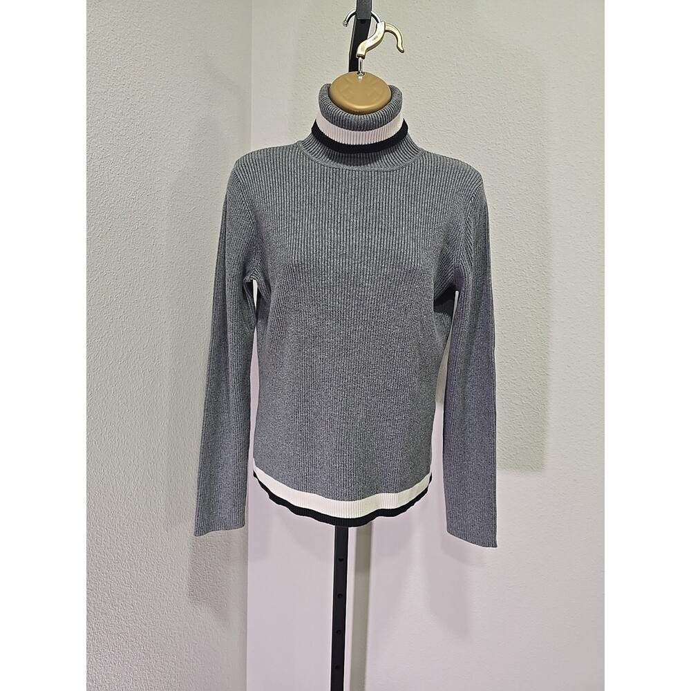 Vtg Y2K Striped Ribbed Turtleneck Sweater Womens Sz M Preppy 90s Academia Retro